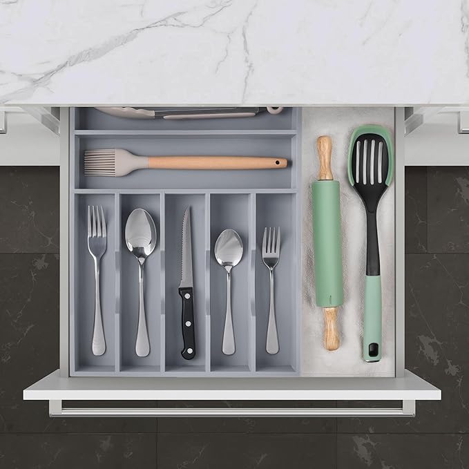 Kitchen Bamboo Silverware Organizer, Kitchen Drawer Organizer - Utensil Holder and Cutlery Tray with Grooved Drawer Dividers for Flatware 7 Slot, Grey