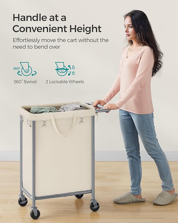 SONGMICS Laundry Basket with Wheels, 2-Section Rolling Laundry Hamper, 37 Gallons (140 L), Removable Liner, Steel Frame with Handle, 27.2 x 15.4 x 31.9 Inches, Cream White URLS004W01