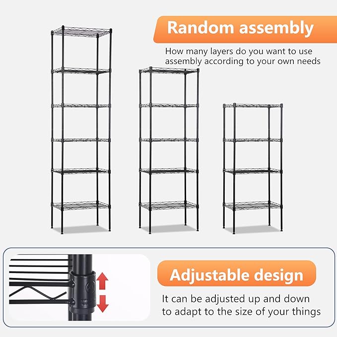 FDW 6 Tier Wire Shelving 17L x 12W x 64H Pantry Shelves Storage Rack Shelving Units Adjustable Metal Shelves for Kitchen Commercial Garage Small Places,Black