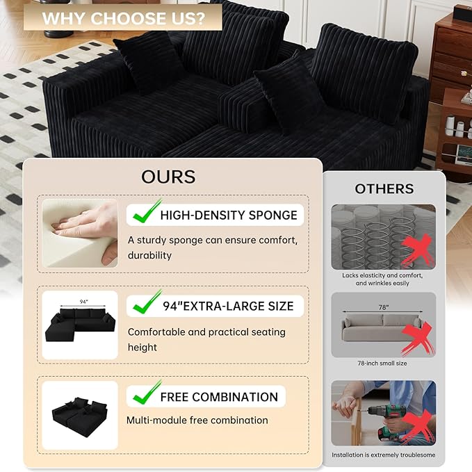 94" Cloud Sectional Couch with L-Shape Chaise,4 Seat Modern Modular Sofa with Side Pockets,Upholstered Couches for Living Room Bedroom, Boneless Couch,No Assembly Required