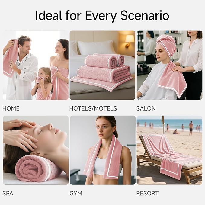REDKISS 4-Piece Bath Towel Set - 2 Hand Towels, 2 Bath Towels | Super Absorbent, No Lint & No Fading,Ultra-Fiber Coral Fleece | Perfect for Bathroom, Spa, Gym | Family & Adults-Pink