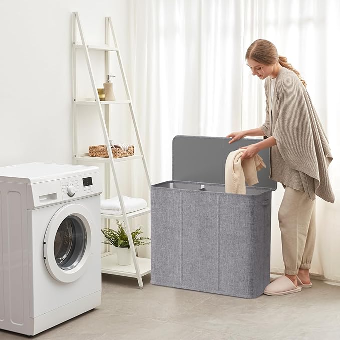 Lifewit Triple Laundry Hamper with Lid and Removable Laundry Bags, Large Collapsible 3 Dividers Dirty Clothes Basket with Handles for Bedroom, Laundry Room, Closet, Bathroom, College, 180L Light Gray