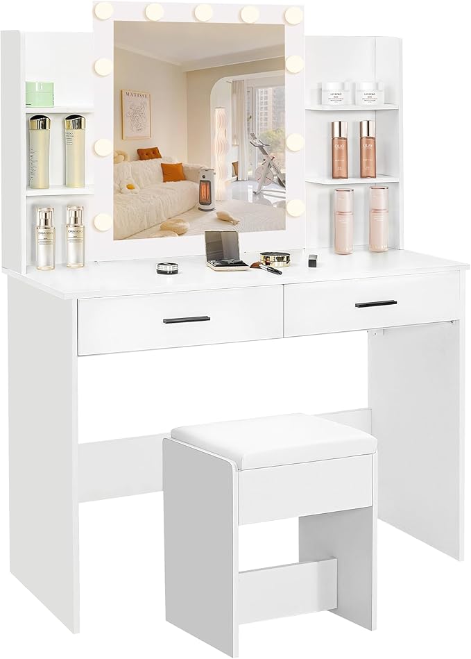 Vanity Desk with Mirror and Lights, 3-Color Lights Adjustable Brightness, White Vanity Makeup Desk with Drawer & Charging Station, Large Dressing Table Make Up for Bedroom