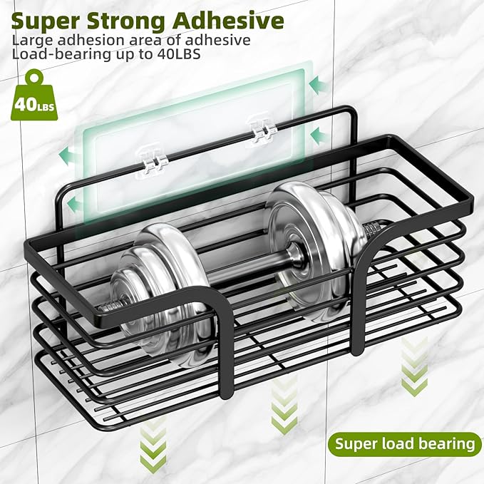 Yougai Shower Caddy, Shower Organizer with Soap Holder and Hooks, Rustproof Shower Shelves, No Drilling Bathroom Organizers and Storage, Wall-Mounted Kitchen & Home Decor (Black)