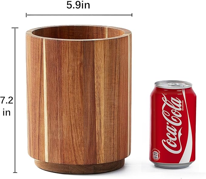 Acacia Wood Utensil Holder for Kitchen Counter, 360° Rotating 7.2" Wooden Cooking Utensil Crock for Countertop, Farmhouse Kitchen Decor