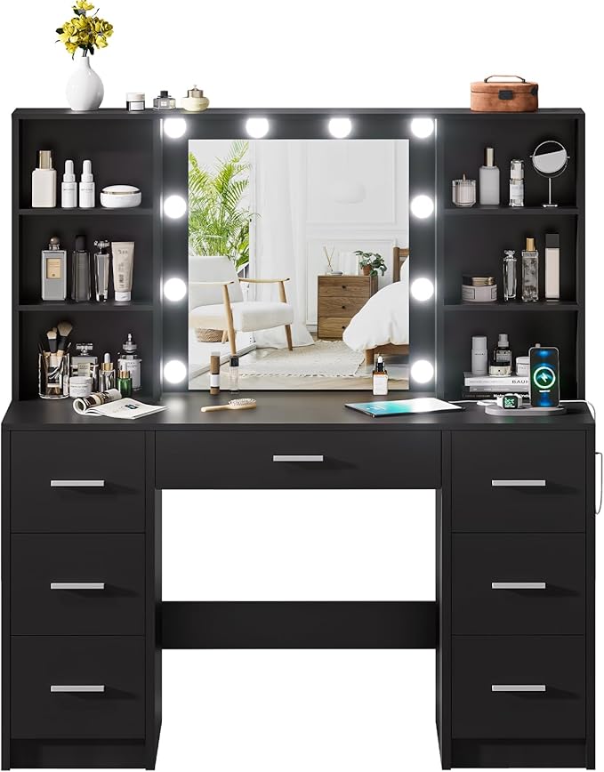 Large Vanity Desk with Mirror, 10 Lights and Power Outlet, Makeup Vanity with Shelves and 7 Drawers, Vanity Desk Dressing Table with 3 Color Light Adjustable, Vanity Table for Bedroom (Black)
