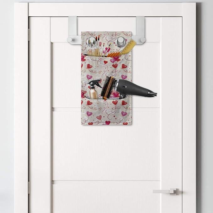 Ambesonne Valentine's Day Hanging Pocket Organizer, Print of Heart Shaped Balloons Flying Up with Mini Hearts, Printed Polyester Storage Bag with Pockets, 9" x 16", Eggshell Vermilion