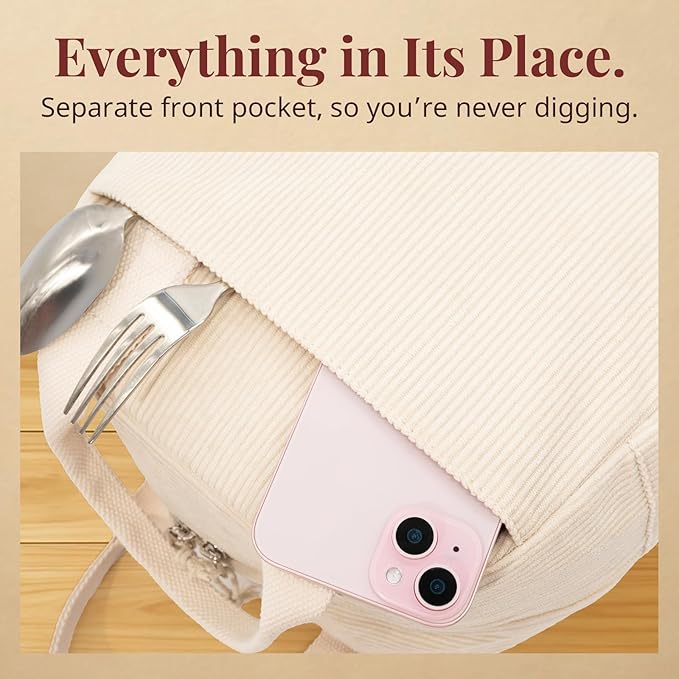 Insulated Cream Beige Lunch Bag for Women, Stylish Corduroy Tote with Aluminum Lining, Large Capacity Reusable Cooler for Work, Travel, or Beach, Beige Cream Water-Resistant Lunch Box