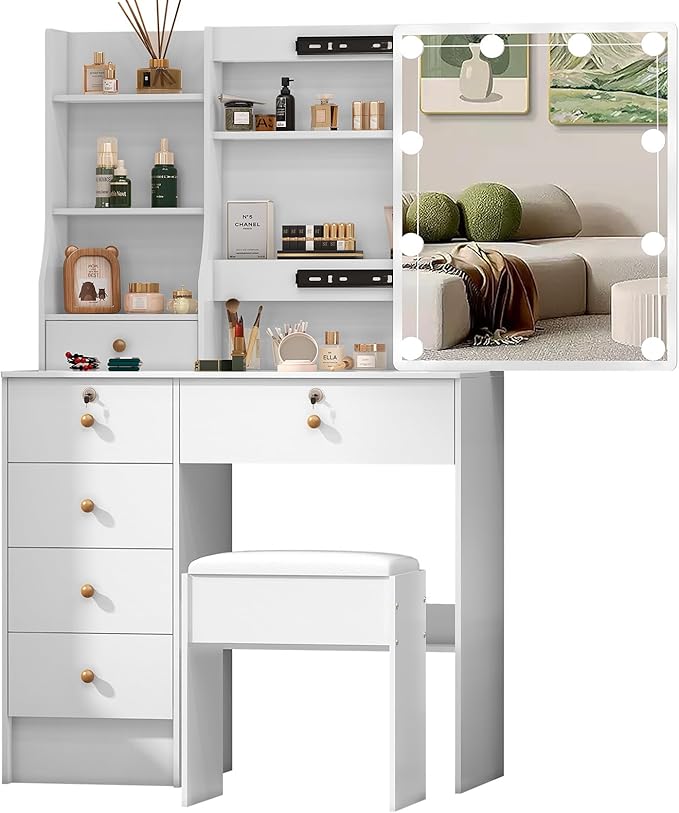 Vanity Desk with Sliding Mirror and Lights, Small Makeup Vanity Table Set with Chair and Drawers, White Vanity with Lighted Mirror for Bedroom, Dressing Table for Teen Girls and Women