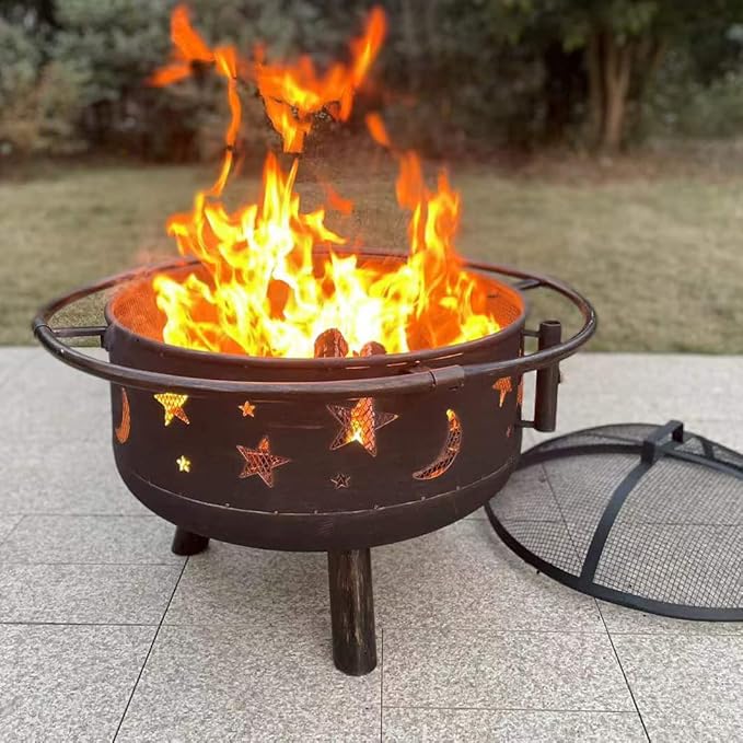 PHI VILLA 30" Outdoor Wood Burning Firepit with Cooking Grate, Patio Deep Bowl Steel Fire Pits for Outside with Adjustable Swivel BBQ Grill Pan, Star & Moon Cutouts Pattern, Poker & Spark Screen