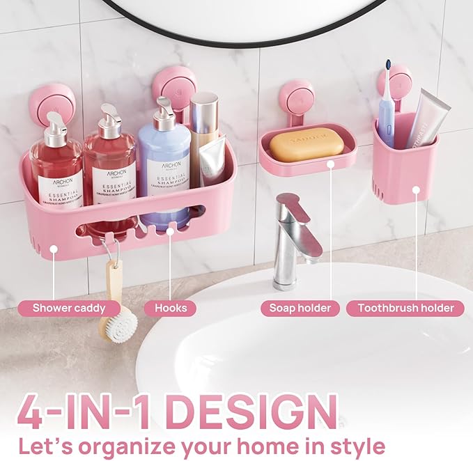 LEVERLOC Shower Caddy Suction Cup Set Shower Organizer & Soap Holder & Toothbrush Holder, Bathroom Shelf Basket NO-Drilling, Removable Suction Storage Waterproof Bathroom Caddy, Pink