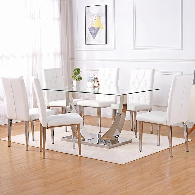 Modern Dining Table and Chairs for 6 - 63'' Glass Table with Silver U-Shaped Legs