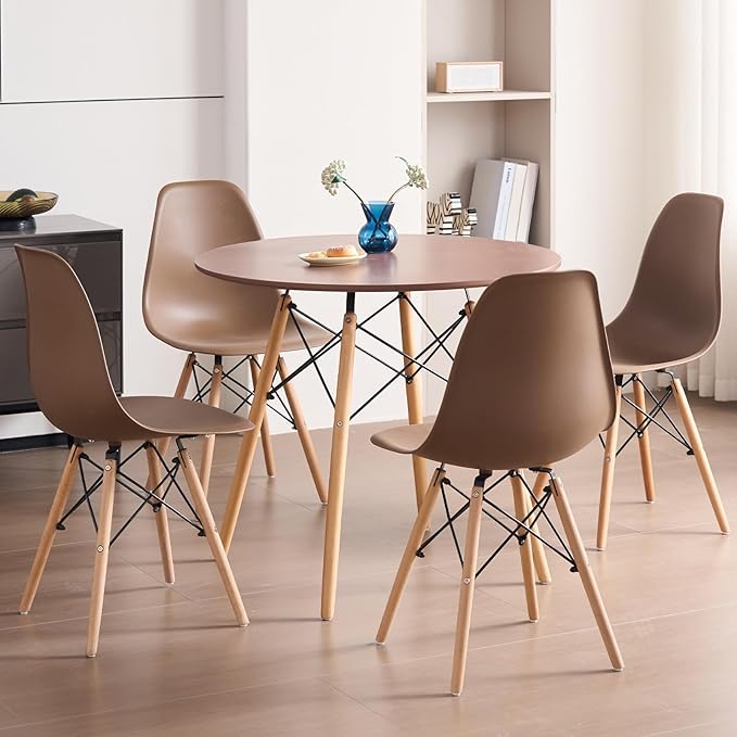 31.5'' 5 Piece Round Dining Table Set for 4, Mid-Century Modern Table with Chairs, Space Saving, Plastic Seats, Wood Legs, Circle Dinner Table for Kitchen, Home, Apartment, Brown