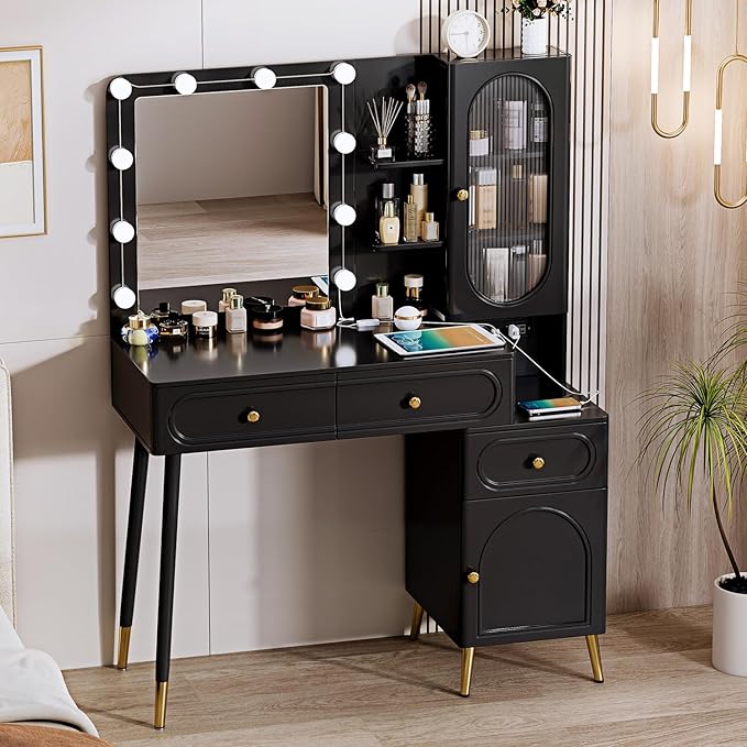 Vanity Desk with Mirror and Lights, with Power Outlet and 10 Lights Modern Capacity Makeup Vanity with 3 Drawers, Makeup Table for Bedroom,Makeup Room,Black
