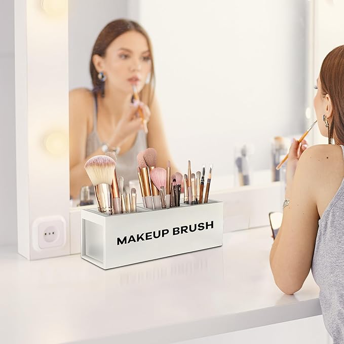 Suli Large Makeup Brush Holder Organizer, Wooden Cosmetic Brushes Storage with 3 Slots, Eyeliners Display Case for Vanity Desktop Bathroom Countertop -White