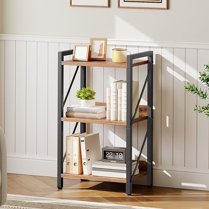 HOOBRO Bookshelf, 3-Tier Industrial Bookcase, Book Shelf Storage Organizer, Small Bookshelf with Metal Frame for Living Room, Bedroom, Home Office, Kitchen, Rustic Brown and Black BF71SJ01