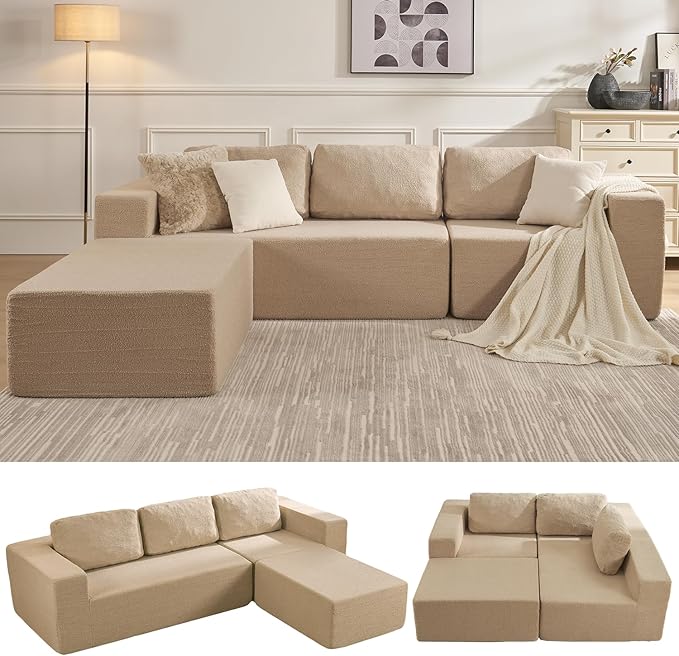 106" 3-Seater Sofa, Cloud Modular Sofa with Certified Foam, Upholstered Floor Sofa with Deep Seat, Upholstered Sofa for Bedroom Living Room, No Assembly Required (Teddy Boucle, Camel)