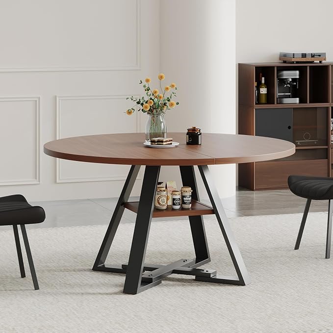 45.3" Round Walnut Dining Table for 4 – Mid-Century Modern Pedestal Table for Kitchen, Dining Room, Small Apartment or Breakfast Nook