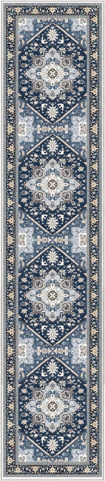 OPPODREAM Thin Entryway Rug 2x10, 2x10 Rug Runner, Washable Hallways Carpet 2 x 10 with Non Slip Backing, Low-Pile Bedside Carpet 2 x 10, Long, Faux Cashmere, Navy Blue & Gold