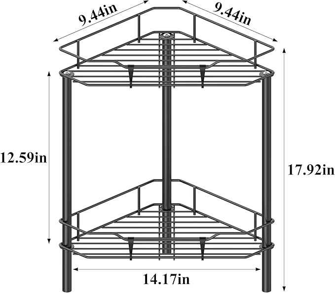 2 Tier Floor Standing Corner Shower Caddy Organizer Shelf with Hooks, Bathroom Shelves Stand Rack, Black