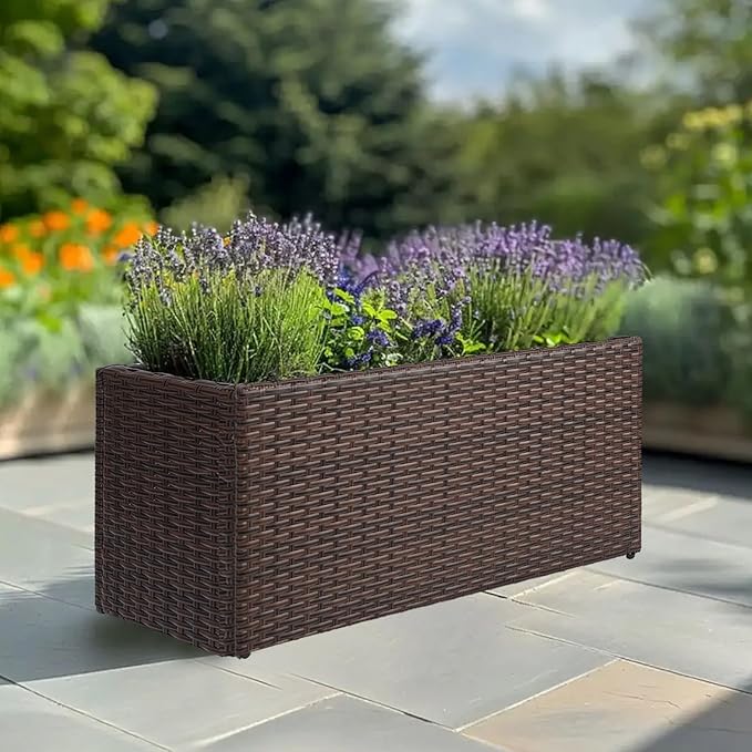 LEWIS&WAYNE Large Rectangular Block Planter Box Handmade Wicker Tall Planters for Outdoor Plants with Removable Liners Modern Planter for Indoor Outdoor Patio Deck - Brown, 36''x12''x16''