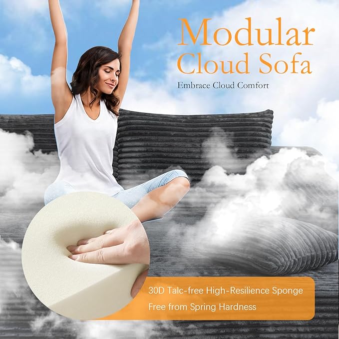 106'' Boneless Couches for Living Room, L Shaped Modular Sectional Sofa with Chaise Lounge, Faux Rabbit Fur & Layered Cushion Deep Seat Cloud Couch, No Assembly (Dark Grey, Right Facing Chaise)