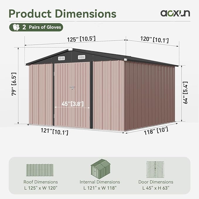 Aoxun 10x10 FT Outdoor Storage Shed Garden Metal Shed with Lockable Door Outdoor Large Shed for Tool, Garbage Can, Bike, Mower, Brown