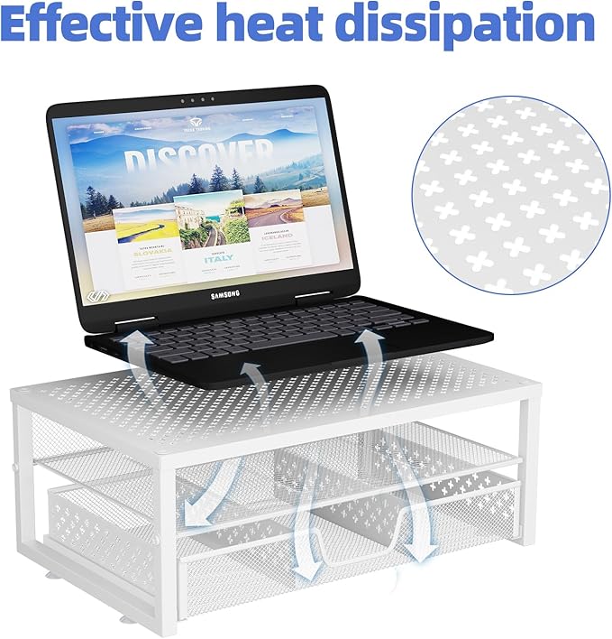 Simple Trending Metal Monitor Stand Riser and Computer Desk Organizer with Drawer for Laptop, Computer, iMac, White