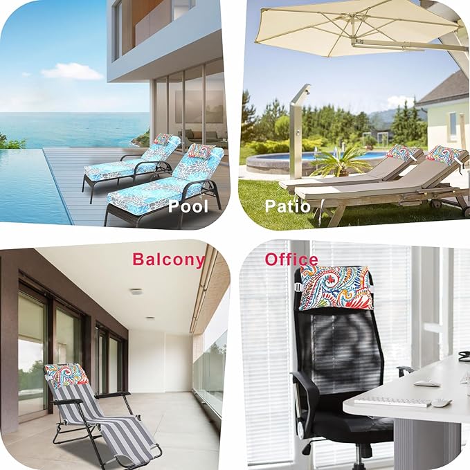 JMGBird Outdoor Pillow for Chaise Lounge Chair Set of 2 Waterproof Headrest Pillow Lumbar Pillows with Insert & Adjustable Elastic Strap for Beach Poolside Patio Office, 10x16 Inch
