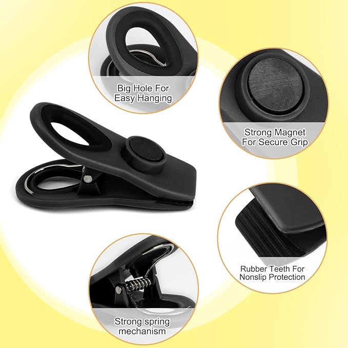 TACGEA Chip Clips, Magnetic Bag Clips with Air Tight Seal for Food Storage, 12 Pack, Black