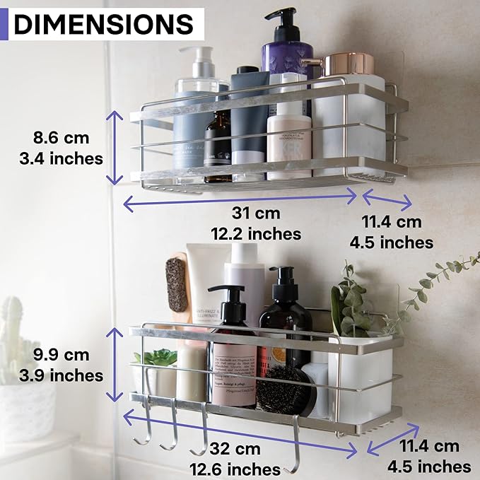 KINCMAX Shower Shelves 2-Pack - Self Adhesive Caddy with 4 Hooks - No Drill Large Capacity Stainless Steel Wall Shelf - Aesthetic Organizer for Inside Bathroom - Polished Silver