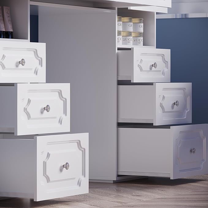 Vanity Desk with Mirror and Lights,Makeup Vanity Desk with Facial Mask Box, Dressing Table with Bluetooth Speaker, Makeup Vanity Set with Wireless Charger, 9 Drawers and 10 Shelves (White)