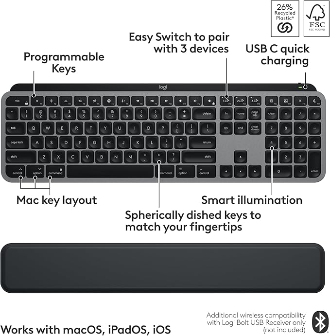 Logitech MX Keys S Combo for Mac, Wireless Keyboard and Mouse with Palm Rest, Backlit Keyboard, Fast Scroll Wireless Mouse, Bluetooth USB C for MacBook Pro, MacBook Air, iMac, iPad - Space Grey