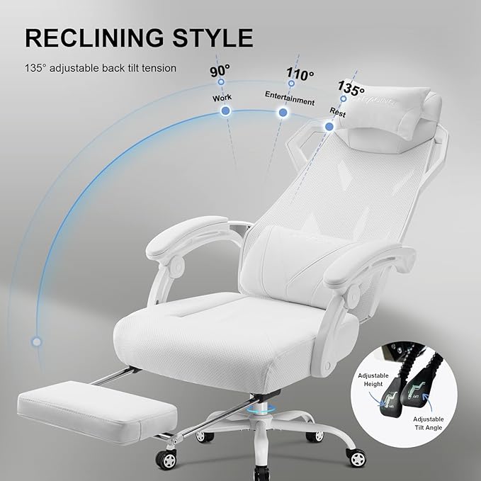 GTRACING Gaming Chair, Computer Chair with Mesh Back, Ergonomic Game Chair with Footrest, Reclining Game Chair with Adjustable Headrest and Lumbar Support for Gaming and Office (White)