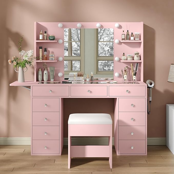 Vanity Desk with Power Outlet, 11 Drawers Makeup Vanity with Lighted Mirror, 3 Colors Adjustable, Glass Top Vanity with Chair, 4 Shelves and Fold-up Panel, Dressing Table for Bedroom, Pink