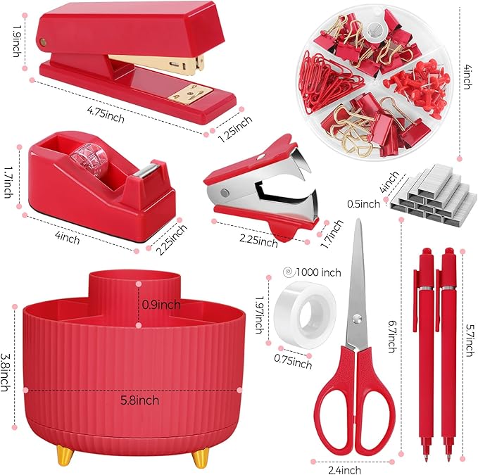 SKYDUE Red Office Supplies Set, Pencil Holder for Desk, Stapler, Tape Dispenser, Scissors,Clips and 1000pcs Staples, Office Decor for Women, Red Desk Accessories