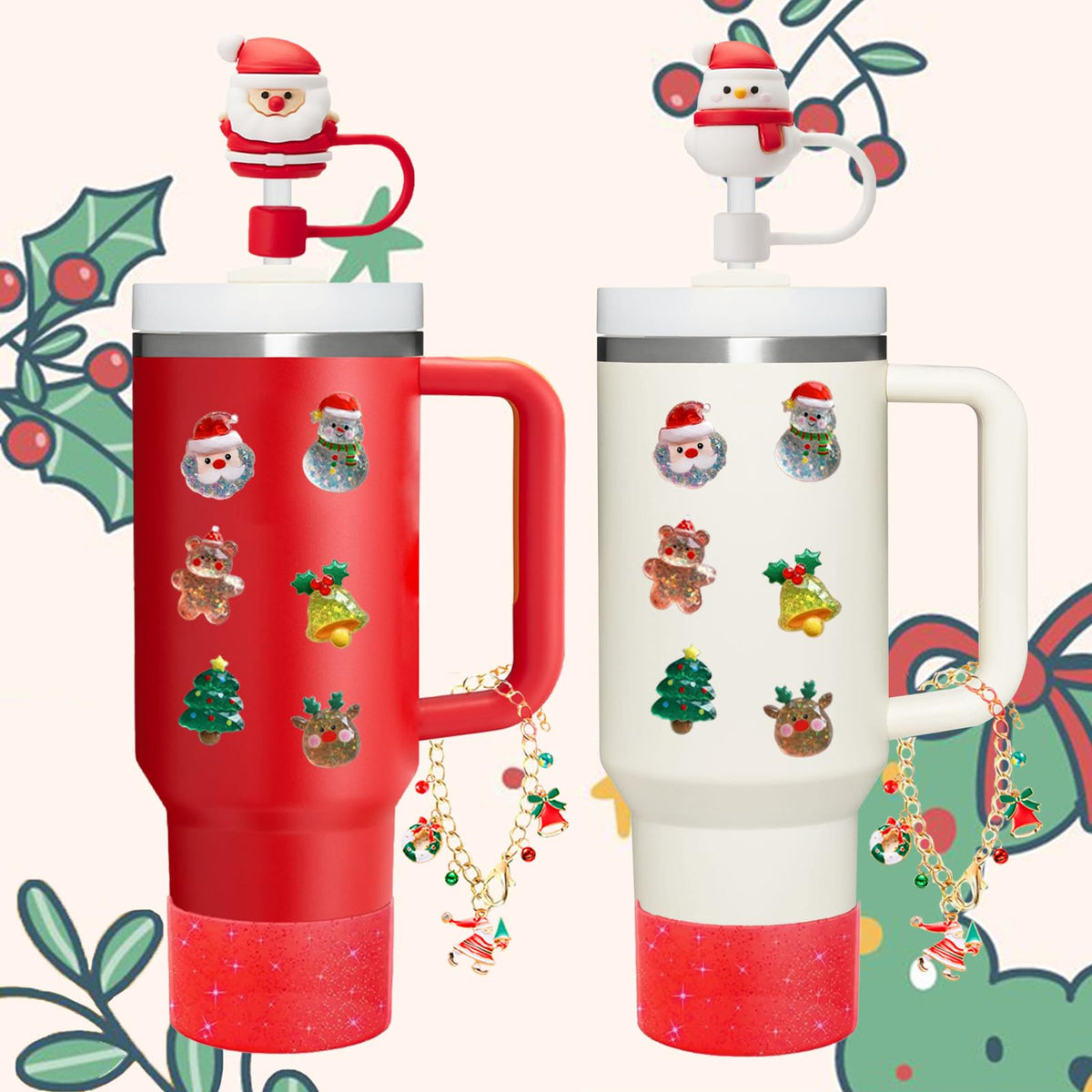 Christmas Stanley Cup Accessories Set,Including 2 Pcs 0.4in Christmas Straw Toppers, 8 Pcs 3D Stickers, 1 Pcs Handle Charm, 1 Silicone Boot Fits Stanley 40&30 Oz Tumbler (Glitter red)