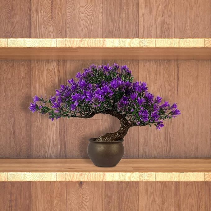 Artificial Bonsai Tree - Fake Plants for Home Decor, Bookshelf Coffee Table Office Desk Bathroom Farmhouse Indoor Decor, 9.5" Tall, Purple