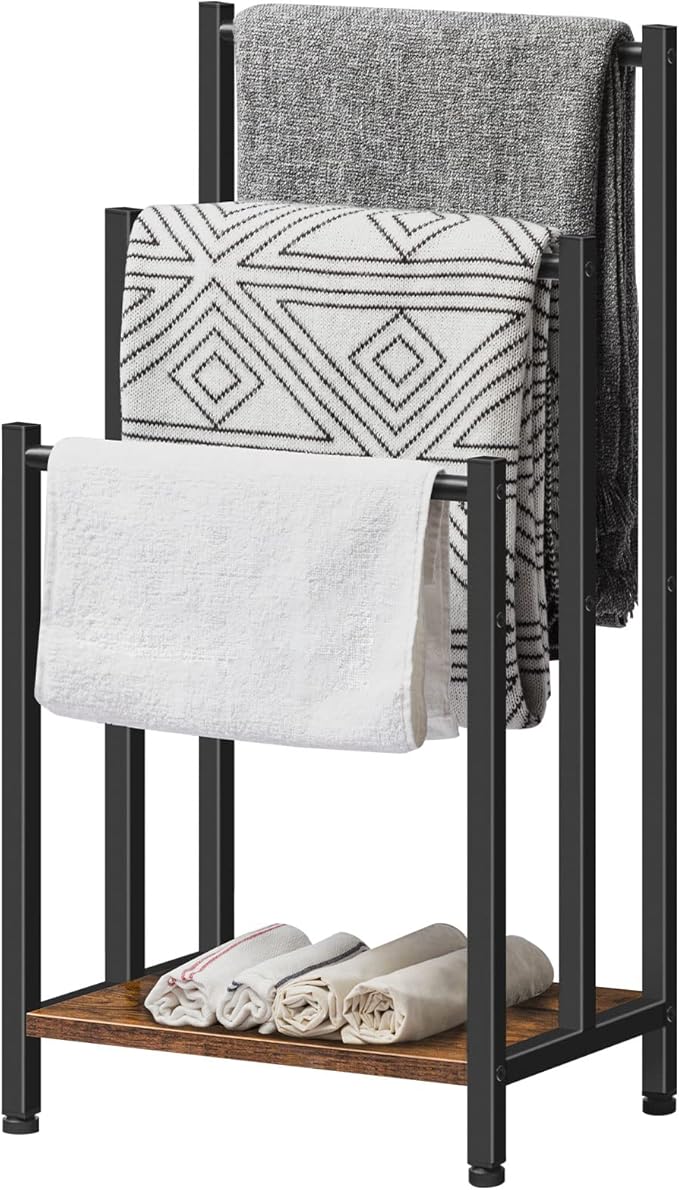 HOOBRO Free Standing Towel Rack, 3 Tier Blanket Rack, Blanket Holder for Bathroom, 16.9" L x 11" W x 31.9" H, Industrial Metal Drying and Display Rack with Shelf, Rustic Brown and Black BF03LB01