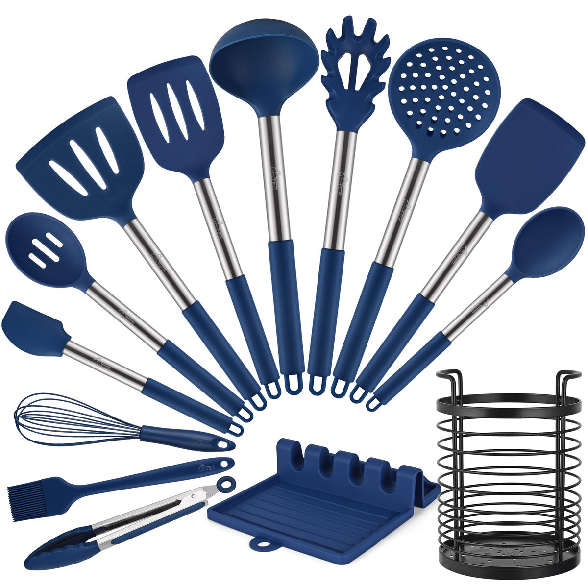 HOTEC 446°F Heat Resistant Silicone Kitchen Utensils, Cooking Utensil Set, Spatula Set, BPA Free, Kitchen Gadgets, Utensils Holder, Dishwasher Safe, 14pcs Multicolor