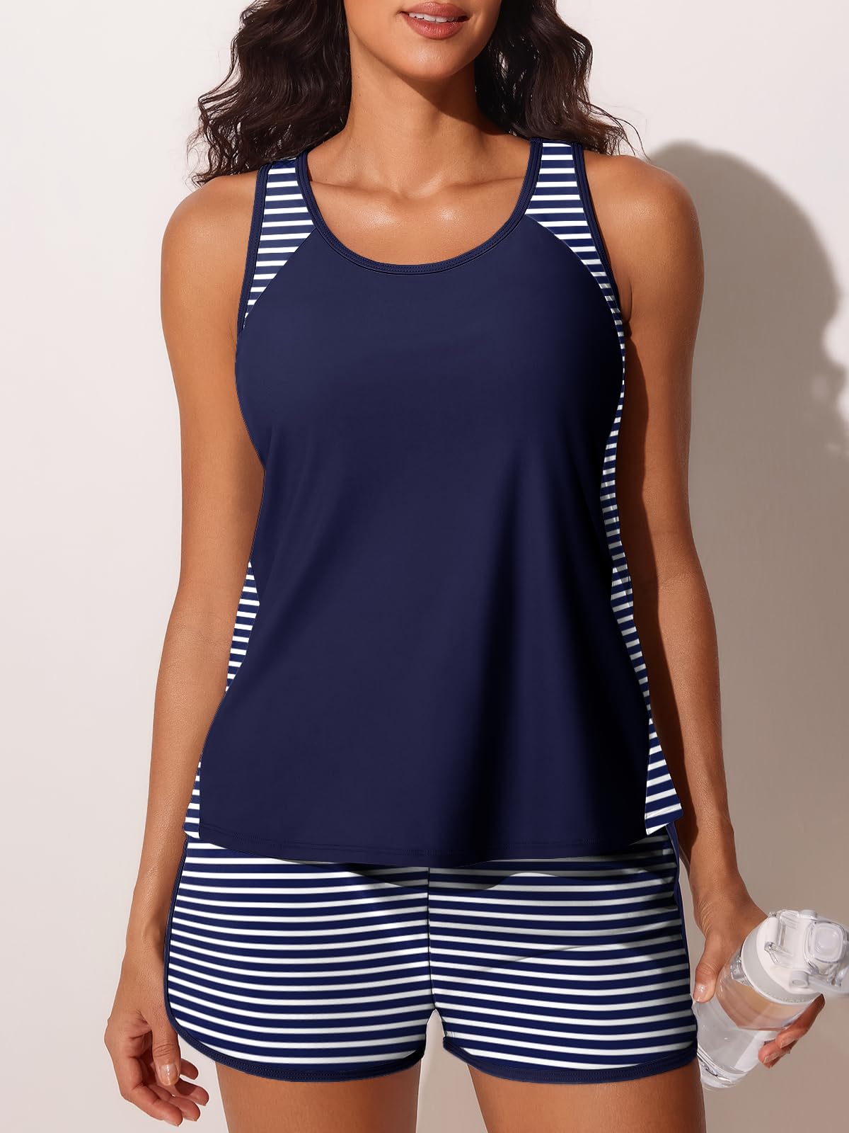 Summer Mae Blouson Tankini Swimsuits for Women 2026 Tummy Control Two Piece Bathing Suits with Sporty Pockets Swim Shorts Blue and White Stripes Size 10
