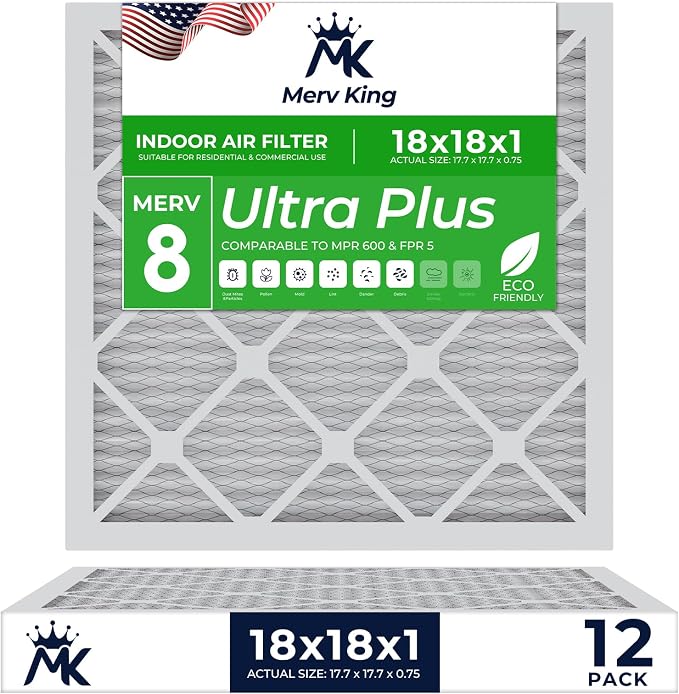 MervKing 18x18x1 Air Filter Actual Size: 17.7" x 17.7" x 0.75" MERV 8 MPR