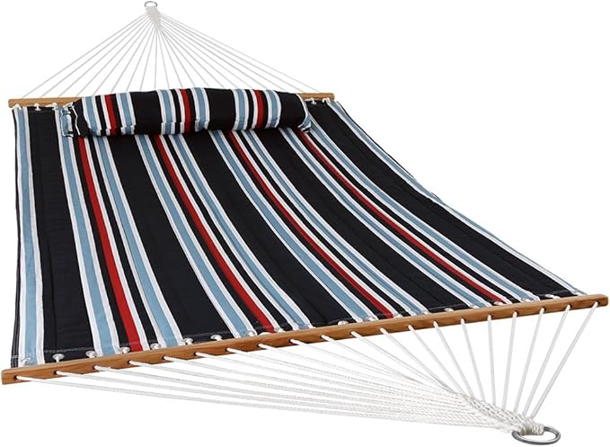 Sunnydaze Quilted Outdoor Hammock with Spreader Bars - Heavy-Duty 450-Pound Capacity Double Hammock for Outside - Nautical Stripe