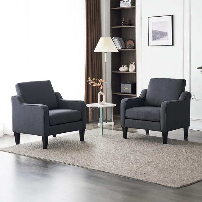 VINGLI Mid-Century Modern Accent Chair, Dark Grey Linen Upholstered, Comfortable & Supportive, 380lbs Weight Limit, Perfect for Living Room, Bedroom, Office