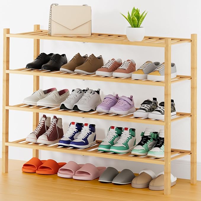 Smiry Shoe Rack, 4 Tier Thick Long Bamboo Shoe Organizer, Stackable Free Standing Wooden Shoe Storage Shelf for Closet, Entryway, Front Door Entrance, Natural