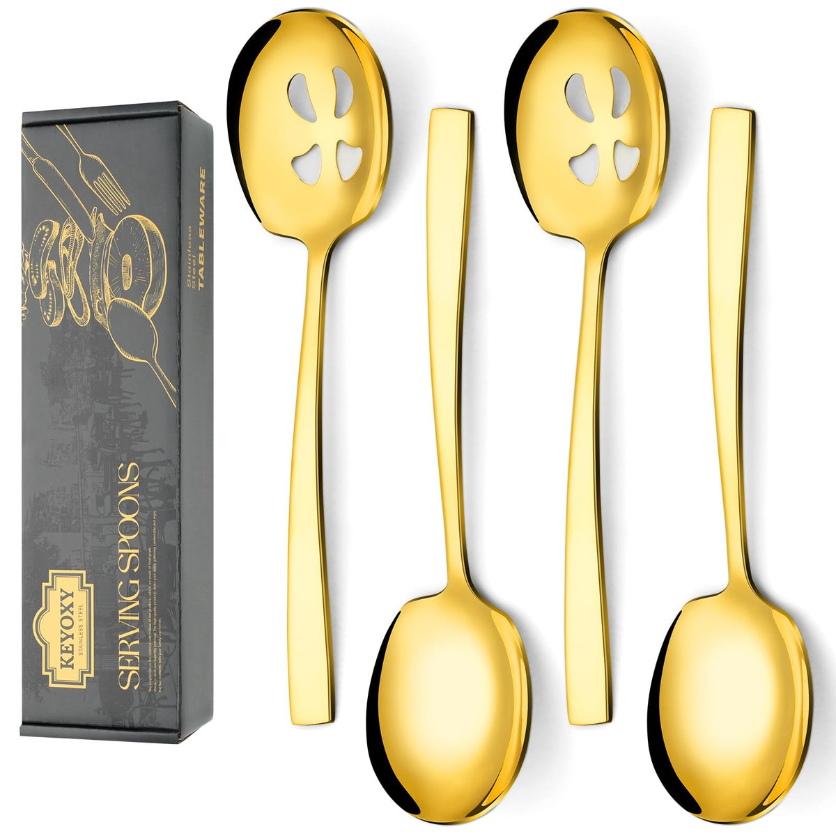 Keyoxy 4 Piece Stainless Steel Serving Spoons Set - 2 Large, 2 Slotted, 9.2-Inch, Dishwasher Safe, for Parties/Kitchen/Buffet/Catering