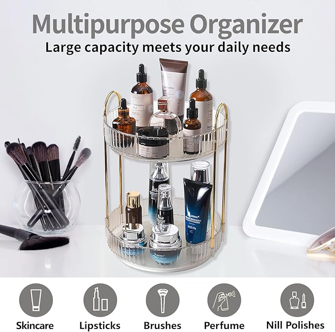 360 Rotating Makeup Organizer,2 Tier Large Capacity Make Up Organizers and Storage,Skincare Perfume Vanity Organizers,Bathroom Cosmetics Storage Organizer Countertop(Clear-2 Tier)