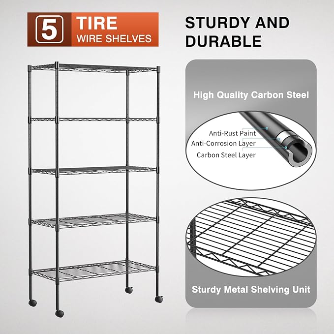 FDW Adjustable Storage Shelves 5-Tier Wire Shelving Unit Heavy Duty Metal Shelves with Wheels 14”Dx30”Wx61”H Storage Shelf Rack for Home Kitchen Commercial, Black
