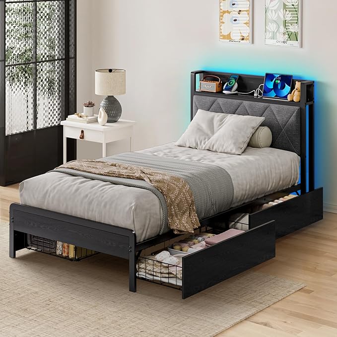 Bed Frame Twin Size with Charging Station and LED Lights, Upholstered Storage Headboard with 4 Drawers, Heavy Duty Metal Slats, Noise Free, Easy Assembly, No Box Spring Needed