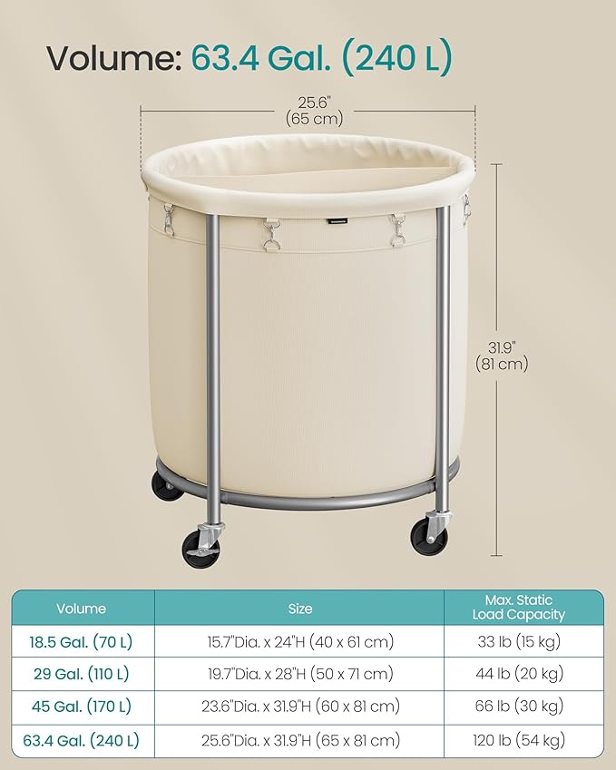 SONGMICS 63.5-Gallon (240 L) Laundry Basket with Wheels, Rolling Round Heavy-Duty Laundry Hamper Cart with Steel Frame and Removable Bag, 2 Locking Wheels, Cream White and Metallic Silver URLS012W01